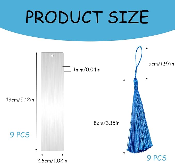 9 PCS Metal Blank Bookmark with Hole, 5.12" Stainless Steel Rectangle Engraving Stamping Tags, Sublimation Bookmark with Tassel for Reading Office Supplies