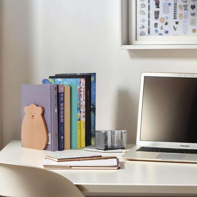 Cute Panda-Shaped Book Ends for Shelves, Detachable Design Bookends for Heavy Books, with Anti-Slip Foam Pads, an Ideal Gift for Book Fans (Pack of 2,Beech Wood Panda)
