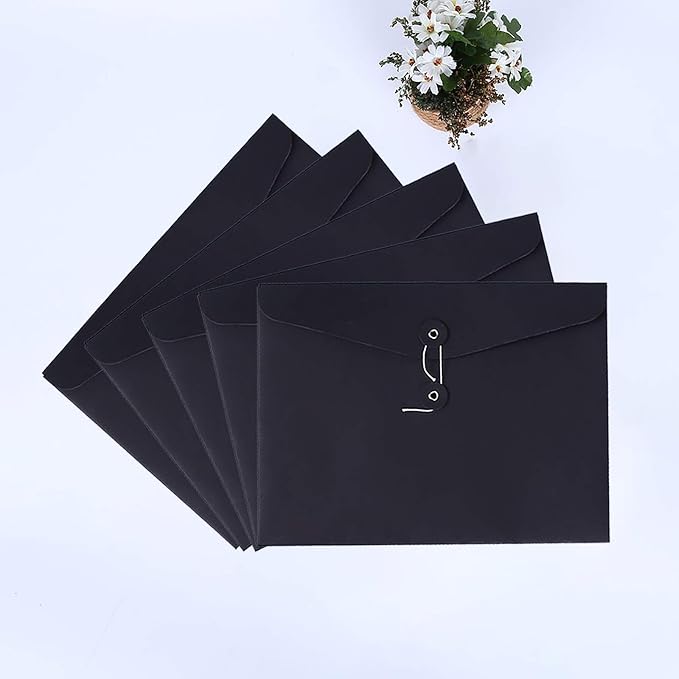 VANRA Kraft String Envelope File Folder Project Pockets File Jacket Document Organizer Flat-No Expansion A4 Letter Size (Black, Pack of 5)