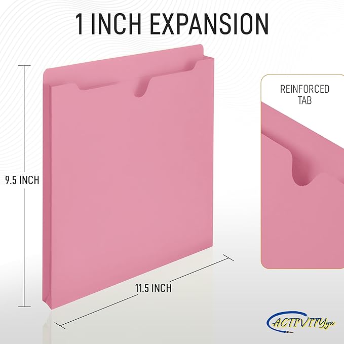 Pink File Jackets, 1 Inch Expansion, Letter Size, Reinforced Straight-Cut Tab, 6 Pack
