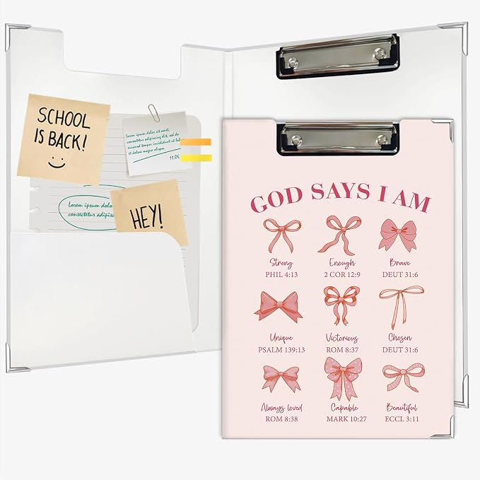 Lacama Bible Clipboard for Women Girls, Inspirational Christian School Supplies, Coquette Preppy Pink Bow God Says I Am Clipboard for Office Classroom Desk 12.4x9.25 in