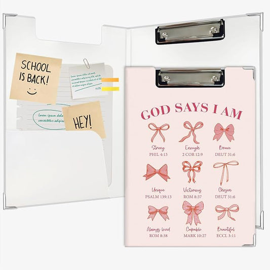 Lacama Bible Clipboard for Women Girls, Inspirational Christian School Supplies, Coquette Preppy Pink Bow God Says I Am Clipboard for Office Classroom Desk 12.4x9.25 in