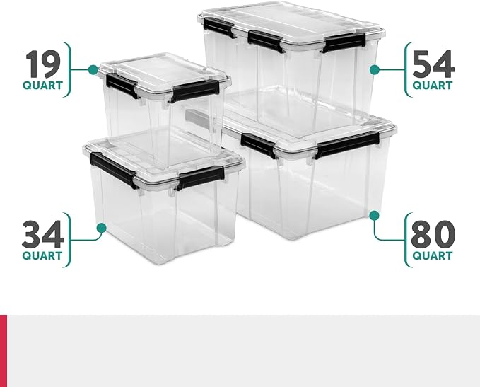 19 Qt Storage Box with Gasket Seal (Clear/Black), Heavy Duty Plastic Latching Tote, Small Stackable Container for Home Office, Basement, Garage, Storing Valuables, Files, and Supplies