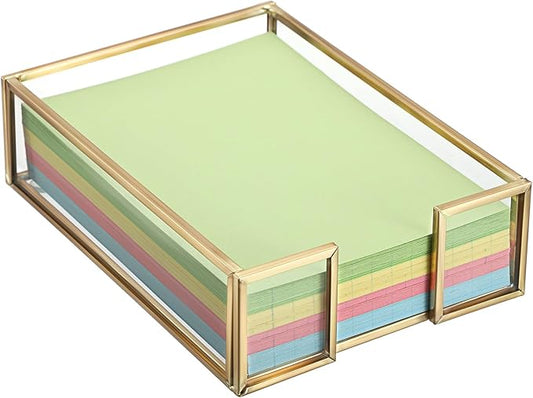 BTSKY Golden Glass Sticky Note Holder for 4x6 Inch Sticky Notes, Elegant Post It Note Dispenser with Non-Slip Pads Clear Notepad Holder for Desk Organization Planning, Home Office Decor
