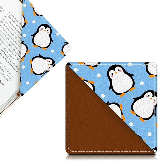 Cute Leather Bookmarks, Fun Triangle Making Corner Bookmark, Book Accessories for Reading Book Lovers, Unbreakable Page Markers for Women Men Cute Blue Penguin