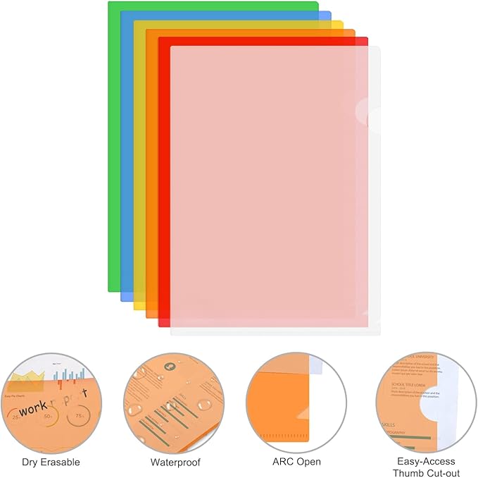 ViVin 12 Pack Plastic Clear Document Folders, L-Type Plastic 8.5x11 File Sleeves for Document Protection, Transparent Reusable A4 Project Pockets for School, Office, Home(6 Assorted Colors)