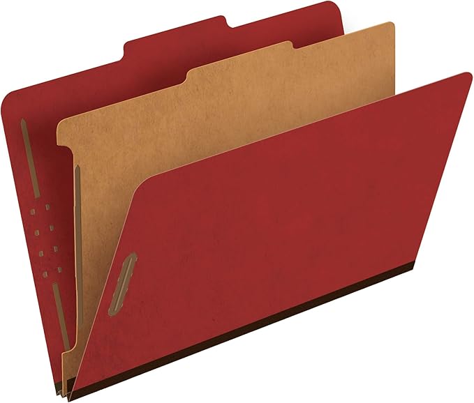 Pendaflex Recycled Classification File Folders, 1 Divider, 2" Embedded Fasteners, 2/5 Tab Cut, Legal Size, Red, Box of 10 (28775R)