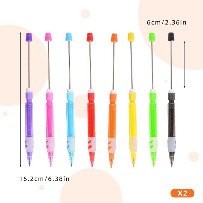 16 Pcs Beadable Pencils, Beadable Mini Mechanical Pencil, Beadable Stylus Pencils with Silicone Hand Guard for Writing Drawing Sketching DIY Crafting (8 Colors)