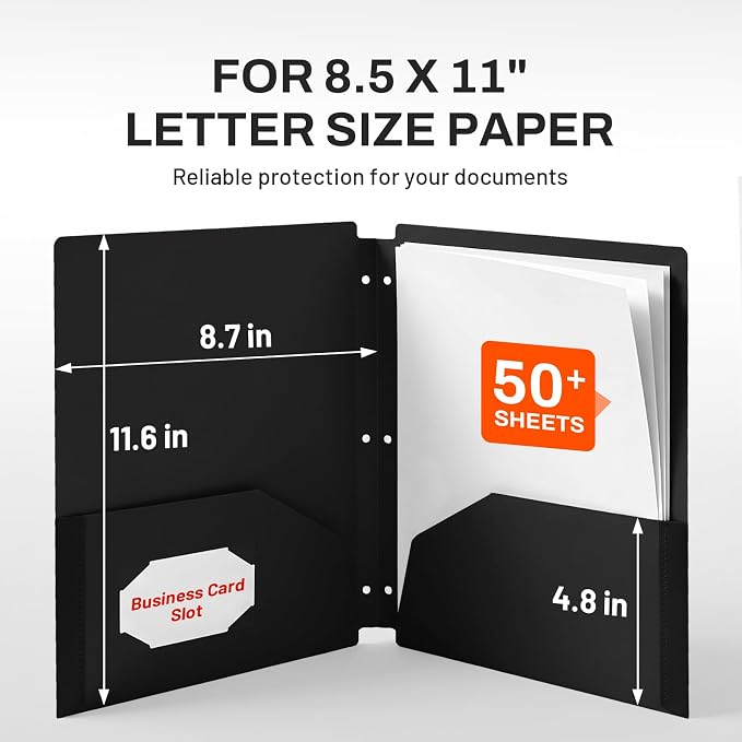 SUNEE 3 Hole Pocket Folders (1 Pack, Black), Plastic Pocket Folders for 3 Ring Binder, 3-Hole Punched Folder with Pockets, for Kids, Students, Teachers, Office Staff