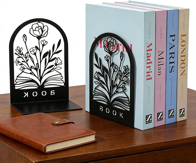 Book Ends, Bookends, Book Ends for Shelves, 2Pair Non Skid Metal Book Divider Decorative Holder, Abstract Art Desgin Book Stopper Supports for Office, Home (Flower Book)