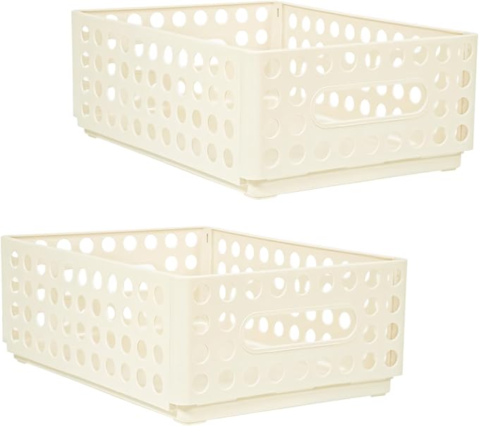 SAYEEC 2 Pack Mini Foldable Plastic Baskets for Organizing Collapsible Crate with Handle Stackable Storage Bin Small Storage Container Box Caddy Desk Drawer Organizer for Home Office Classroom (Beige)