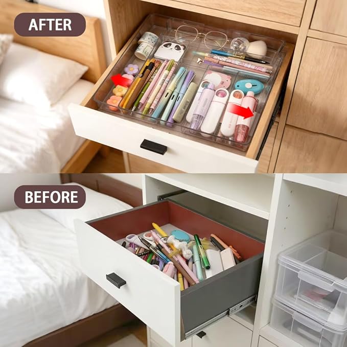 CEYAZYE Acrylic Expandable Drawer Organizer, Clear Makeup Vanity Dividers Trays with 8 Compartment, Versatile Desk Accessories Storage for Office Supplies Junk Silverware, (10.6"-16.9") x 10.6" x 2.3"
