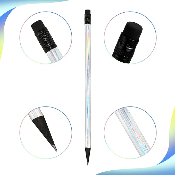 Tinlade 36 Pack Black Wood Cased 2 HB Pencils Soft Cool Holographic Pencil with Eraser Holographic Barrel for Home Office School Classroom Supplies, 7.36 Inch (Silver)