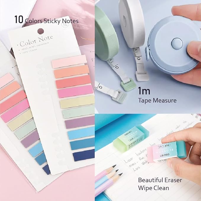 39PCS Macaron color School Supplies set，5 ballpoint pens，notebooks, pencil cse, sticky notes ，6mechanical pencil，2Correction Tapes，4fluorescent pens
