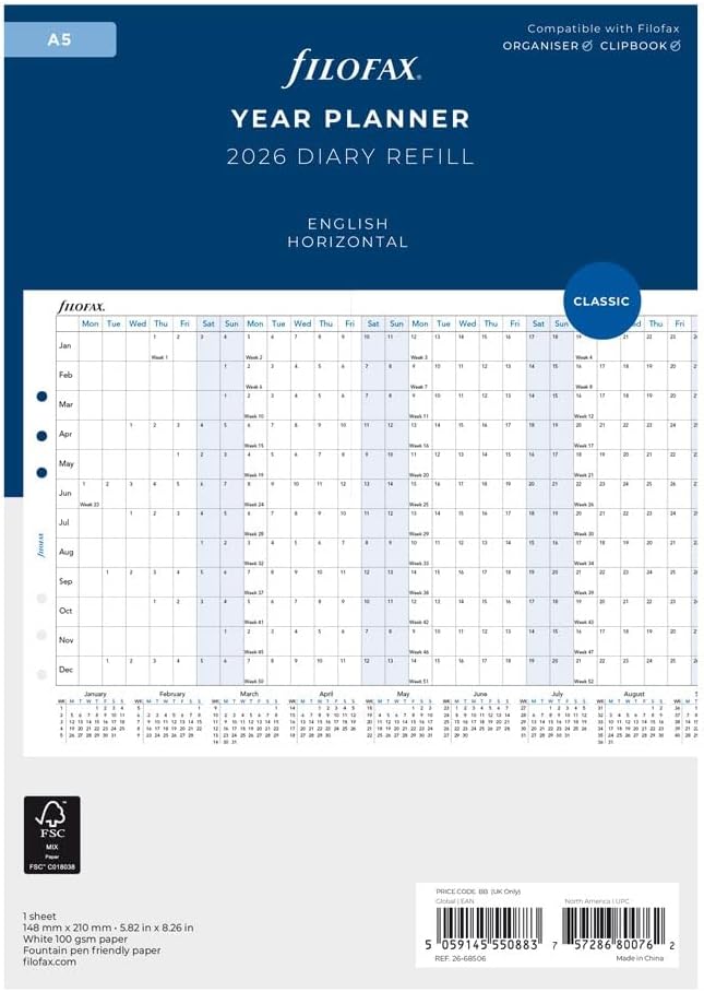 Filofax Calendar Diary Refill, A5 Size, Horizontal Year Planner, White Paper, English, 2026 (C68506-26)