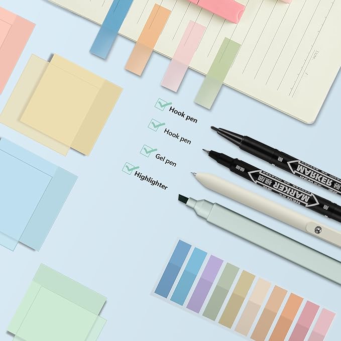 Jutom 39 Pcs Aesthetic Book Annotation Kit Highlighter with Pencil Case Bag Gel Pen Transparent Sticky Note Taking Bible Study College School Supplies(Light Blue,Cute Style)