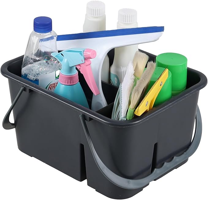 Plastic Divided Caddy Organizer with Handle, 4-Compartment Plastic Cleaning Caddy, Drak Gray, F