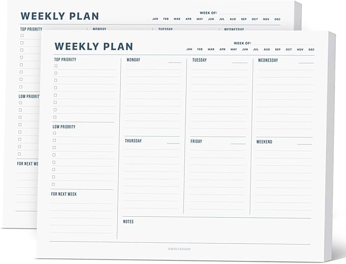 Weekly Planner Notepad, 8.5 x 11" Tear-Off Pad – 70 Undated Sheets, Daily Schedule Deck Organizer with Priorities, To Do List & Checklist for School, Work, Home (White, Minimalist, 2 Pack)