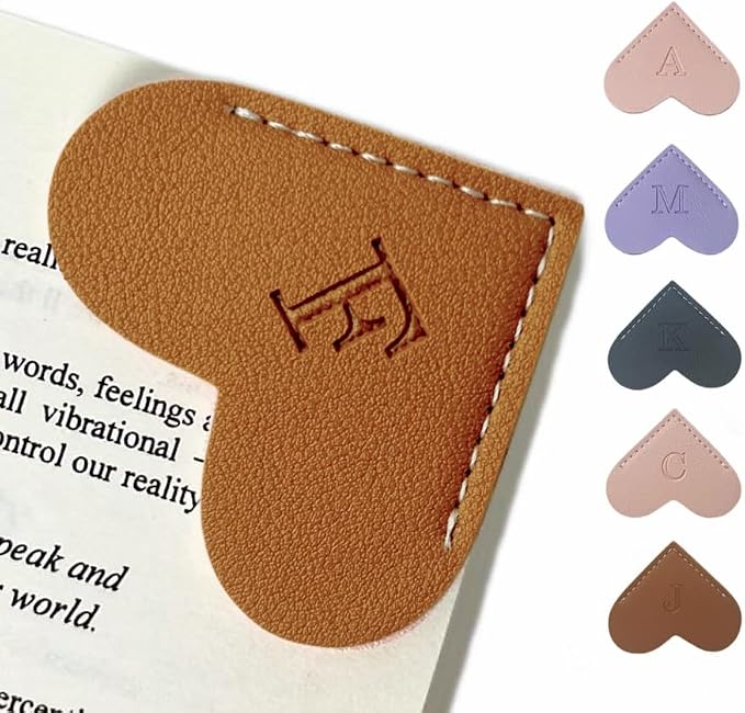 Personalized Leather Book Marks, Heart Bookmark, Unique Cute Handmade Letter Bookmarks Accessories for Reading Women, Teacher, Student, Book Lovers Book Mark Gifts (Brown, F)