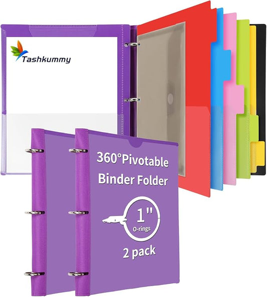 360° Pivotable Project Organizer Binder, 2 Pack Upgraded 3 Ring Binder with Colored Tab Dividers with Pockets, Customizable Cover Multi Pocket Folder Binder for Home, School, Office- Purple