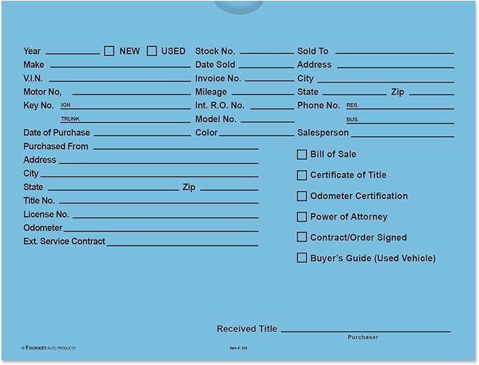 Printed Vehicle Deal Envelopes 9x12 Deal Jackets (100 shrink wrapped) (Blue)