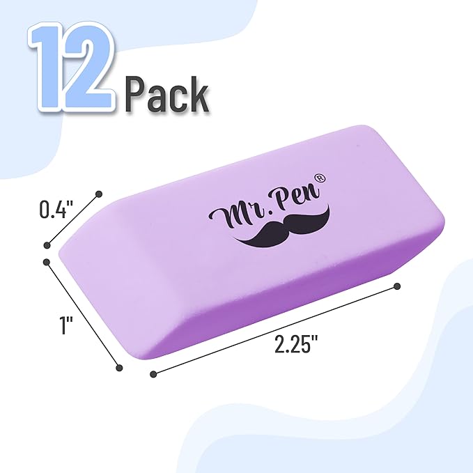 Mr. Pen- Pencil Eraser, 12 Pack, Purple, Large Latex Free Block Erasers for School, Office, Art Sketching, Homework, Exams, Clean Smudge-Free Correction