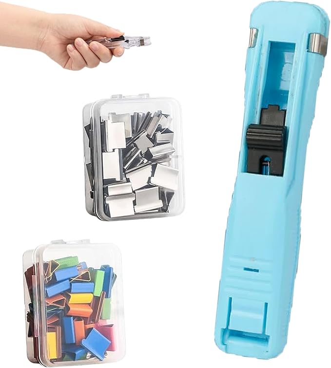2026 New Portable Binder Clip Stapler, Includes 100 Reusable Clips, Handheld Paper No-Punch Folder, Mini Push Stapler Clamp Staplers for Home, School, and Office Document Binding (Blue)