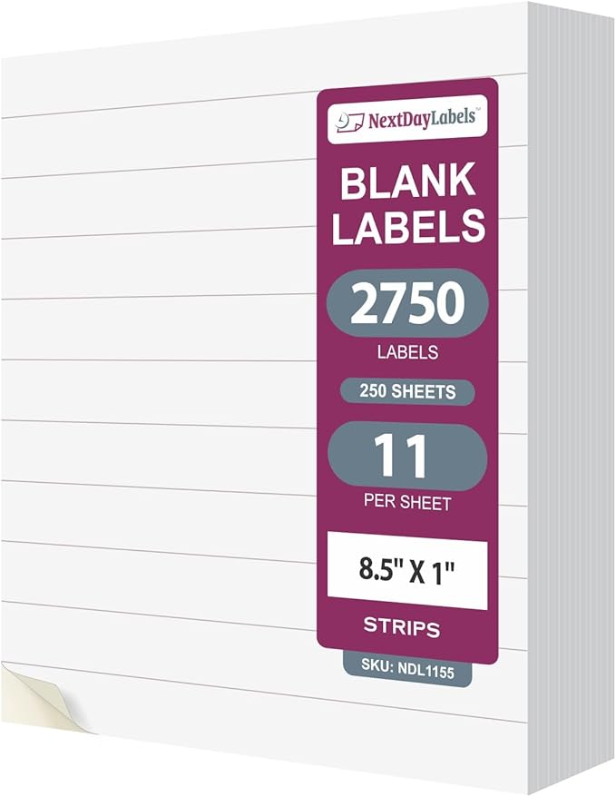 NextDayLabels 8.5x1 Inch Strip Stickers White Blank Labels for Laser Inkjet Printer - 11 Per Sheet Self-Adhesive Unique Size Label Made in USA - 2750 Labels
