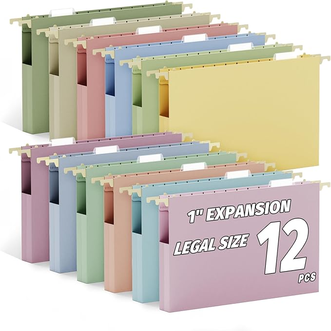 Ansook 12 Pack Hanging File Folders, Plastic 1 Inch Expansion Legal Size File Folders with Adjustable Tabs, Assorted Colors Hanging Organizers for Filing Cabinet, Home Office Law Firm Document Storage