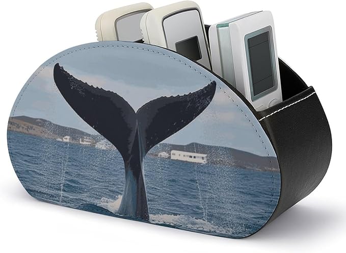 Whale Tail Remote Control Holder with 5 Compartments Leather TV Remote Caddy Remote Storage Box Desktop Organizer for Pen/TV Remotes/Media Controllers/Office Supplies