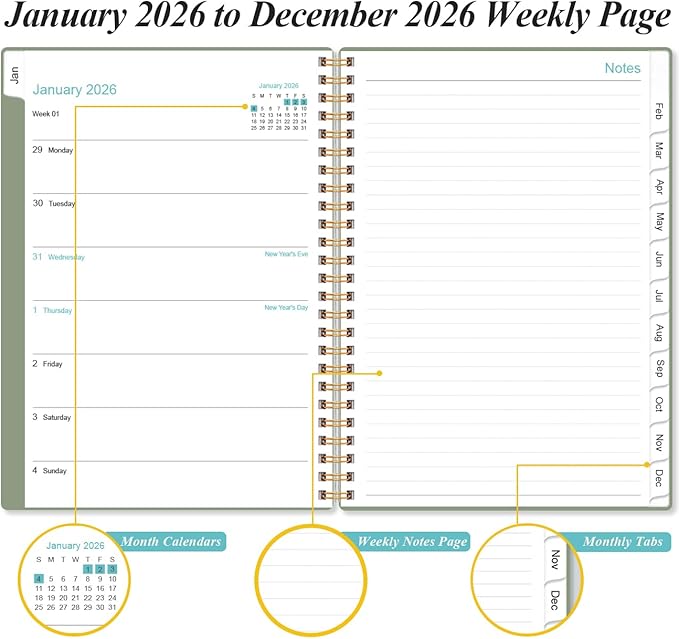 2026 Planner - Weekly & Monthly Planner from January 2026 - December 2026, Planner 2026 with Flexible Cover, Tabs, Inner Pocket, 6.4" x 8.5", Green