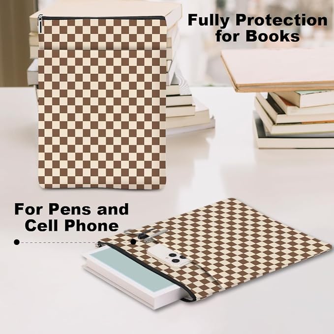 Brown Plaid Book Lovers Gifts Book Sleeve Vintage Checkered Waterproof Book Cover Book Pouch Book Protector with Front Pocket Book Club Christmas Birthday Gifts for Women Girl Reader Book Accessories