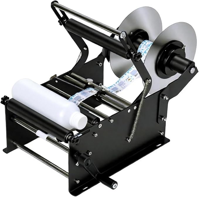 Manual Bottle Labeling Machine with Handle - Self-Adhesive Sticker Label Applicator 15-30 Bottles/Min, Adjustable for PET Plastic Glass Metal Bottles, for Wine, Beverage, Cosmetic Packaging