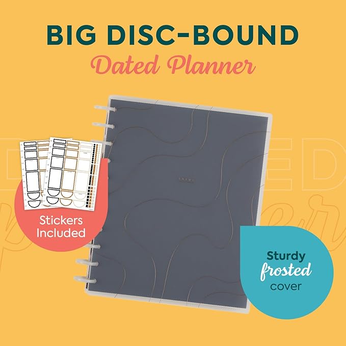 Happy Planner Disc-Bound Academic Planner July 2025 - June 2026 Daily, Weekly and Monthly - 3 Bonus Months, Big Size, 8.5” x 11”, Horizontal Layout, Onyx & Sand