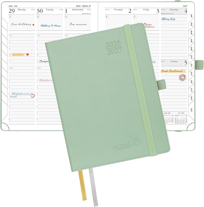 POPRUN Planner 2026-2027, 6.5" x 8.5", Academic Planner 2026-2027 Weekly and Monthly (July 26-June 27) Hourly Appointment Book with Inner Pockets, Leather Soft Cover, 100GSM - Celadon Green