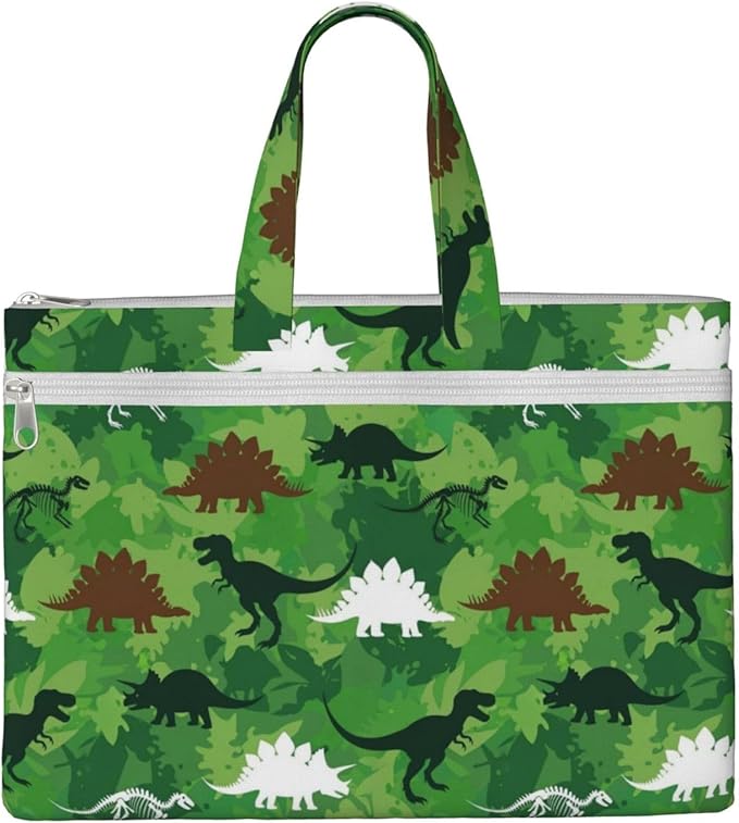 Canvas Zipper File Pouch with Handle, Green Dinosaurs Camouflage Foldable Waterproof Document Organizer for Books and Paper Storage