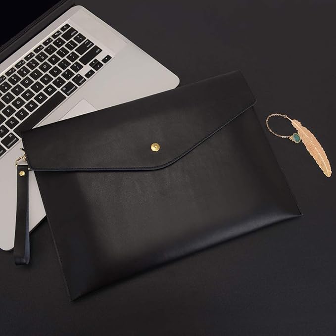 Wonderpool A4 Envelope File Holder -Lightweight Real Leather Multifunction Portfolio for Paper Document Stationery Organizer and Tablet Case PC Sleeve (Black)