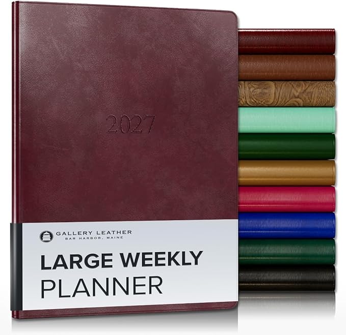 Gallery Leather Large Weekly Monthly Planner 2027, Elegantly Bound Calendar Planner and Notebook with Stylish Gold-Gilded Page Edges, 12 Months - Acadia Burgundy - 9.75x7.5"