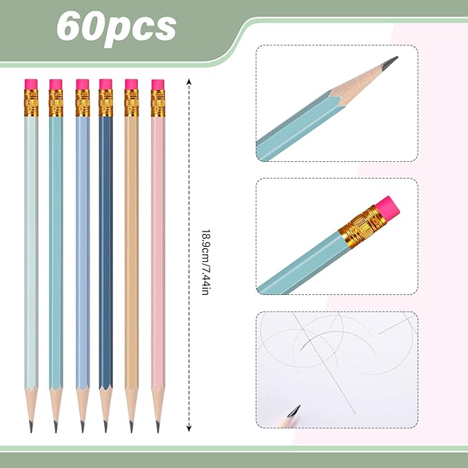 TecUnite 60 Pcs HB Pencils #2 Unsharpened Wood Cased Pencils with Eraser Hexagonal Pencil Cute Graphite No 2 Pen for Adults Gifts Exam School Office Sketching Learning(Morandi Colors, Gold)