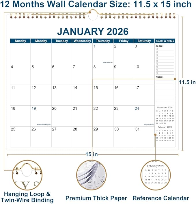 Calendar 2026 - Wall Calendar from January 2026 to December 2026, 2026 Wall Hanging Calendar Planner with Thick Paper, 12" x 14.5", Blue