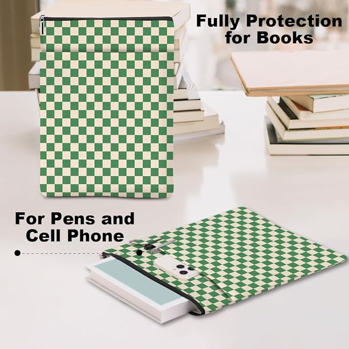 Green Plaid Book Lovers Gifts Book Sleeve Vintage Checkered Waterproof Book Cover Book Pouch Book Protector with Front Pocket Book Club Christmas Birthday Gifts for Women Girl Reader Book Accessories