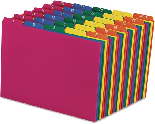 Pendaflex 40143 Top Tab File Guides, Daily/1-31, 1/5 Tab, Polypropylene, Letter (Set of 31), Blue;Green;Magenta;Strawberry;Yellow (Pack of 6)