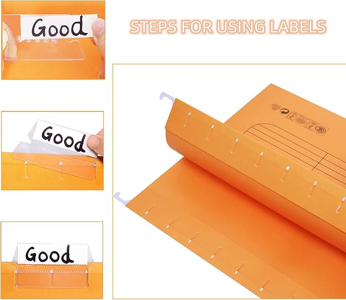 Hanging File Folder, A4 Suspension Files Holder, Hang Folder, Filing Cabinet Suspension File with Tab and Label for School Home Office, Orange, 25 Pack