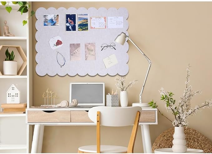 1Pcs Scalloped Felt Bulletin Board, 35.4x23.6Inch Large Felt Board with 20 Pushpins Picture Boards Foldable Bulletin Boards for Mother's Day Wall Decoration Home Office Display(Wheat)