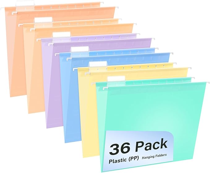 Plastic Hanging File Folders, 36 Pack Pastel Hanging Folders，Letter Size with 1/5-Cut Tabs, Strong for Bulk Files, Documents and Paper, Office & Home Filing