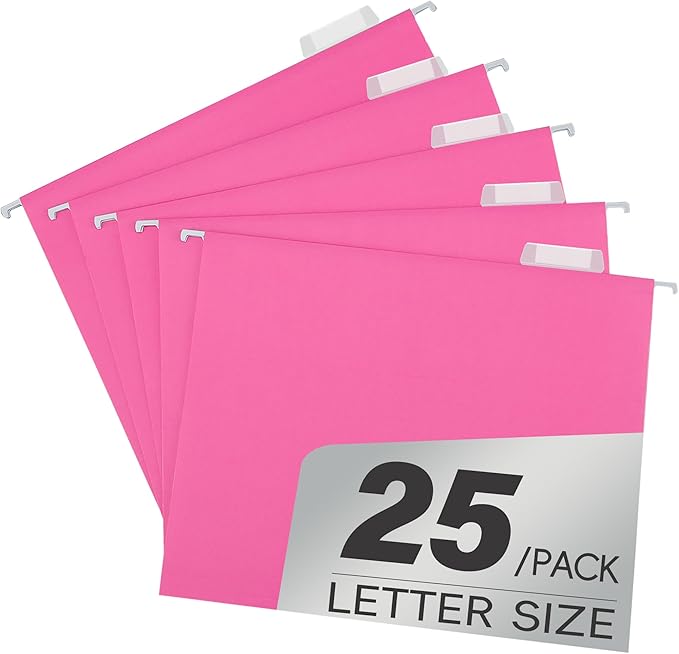 25 Pack Pink Hanging File Folders with Pocket,Letter Size Decorative File Folder Cute Pretty Hanging Folder for Office Home School with 1/5-Cut Adjustable Tabs