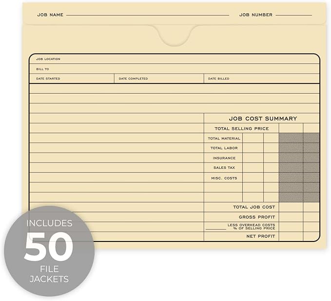 Classic Professional Manila File Folder / 50 Preprinted Job Folders / 10" x 12" Fill in Task Cost Tracking File Jacket Folders/Project Progress Tracker/Made in The USA
