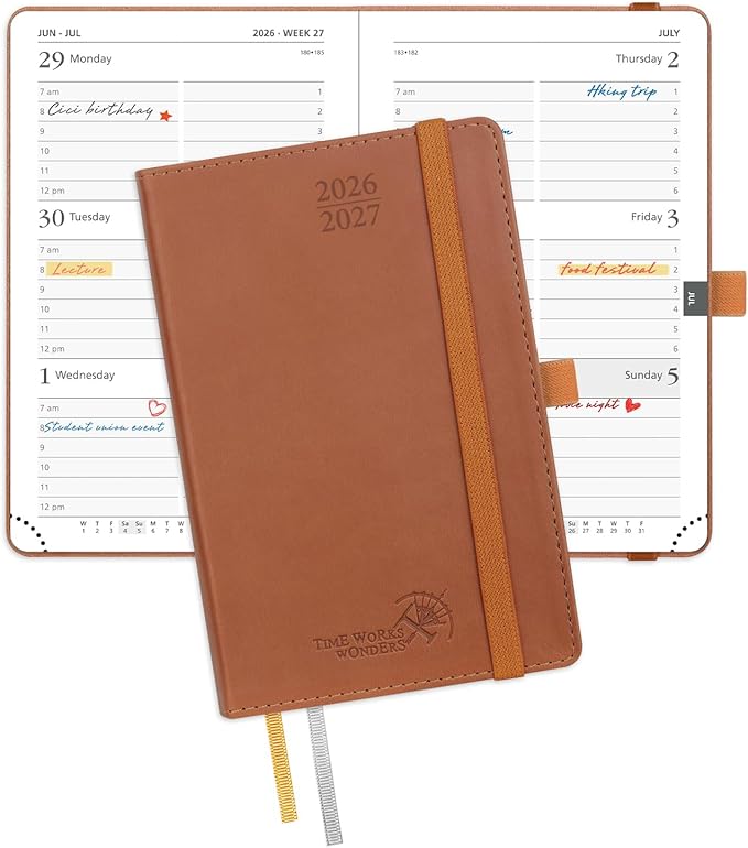 POPRUN Pocket Planner 2026-2027, Purse Size-4" x 6.25", Pocket Calendar (July 2026-June 2027) for Purse, Academic Small Weekly Planner with Hourly Slots, Leather Soft Cover, 100GSM - Brown