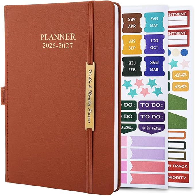 Cheericome Planner 2026-2027, Month Weekly Planner Run JAN 2026 to JUN 2027, 26-27 Planner with Pen Loop, Back Pocket and Stickers, 18 Months Planners, Brown Monthly Planners 2026-2027