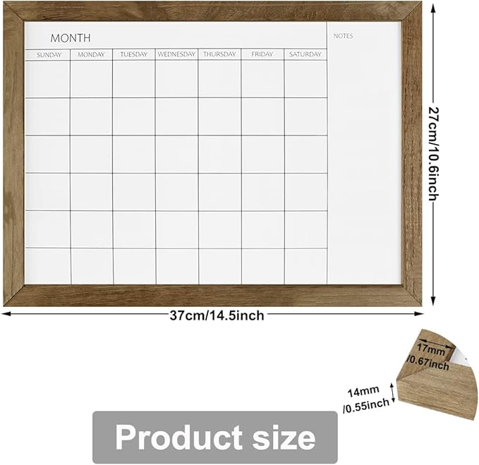 TORASO Dry Erase Monthly Calendar Board, Solid Pine Wood Frame Magnetic Whiteboard for Wall, Office/School/Home, Hanging Board 10.5"x 14.5"(YL-RB-2737-A)